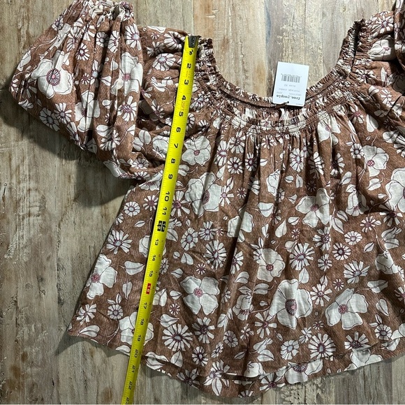 Free People Miss Daisy Top SZ XS Blouson Sleeves Floral Peasant Brown Tan NWT - Picture 8 of 9